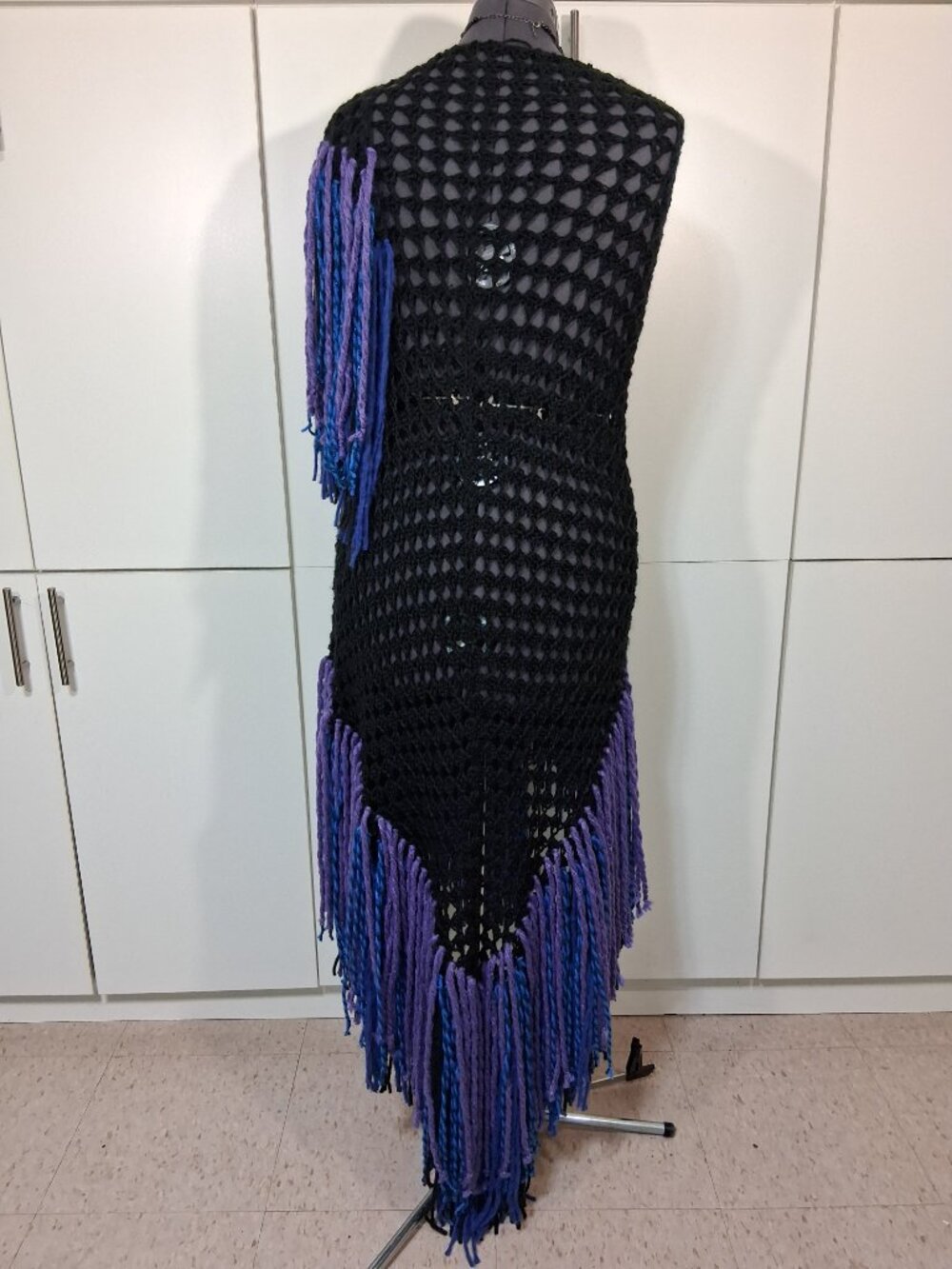 Boho Black with Royal Blue - Purple - Black Super Fringe Shawl - Picture 8 of 12